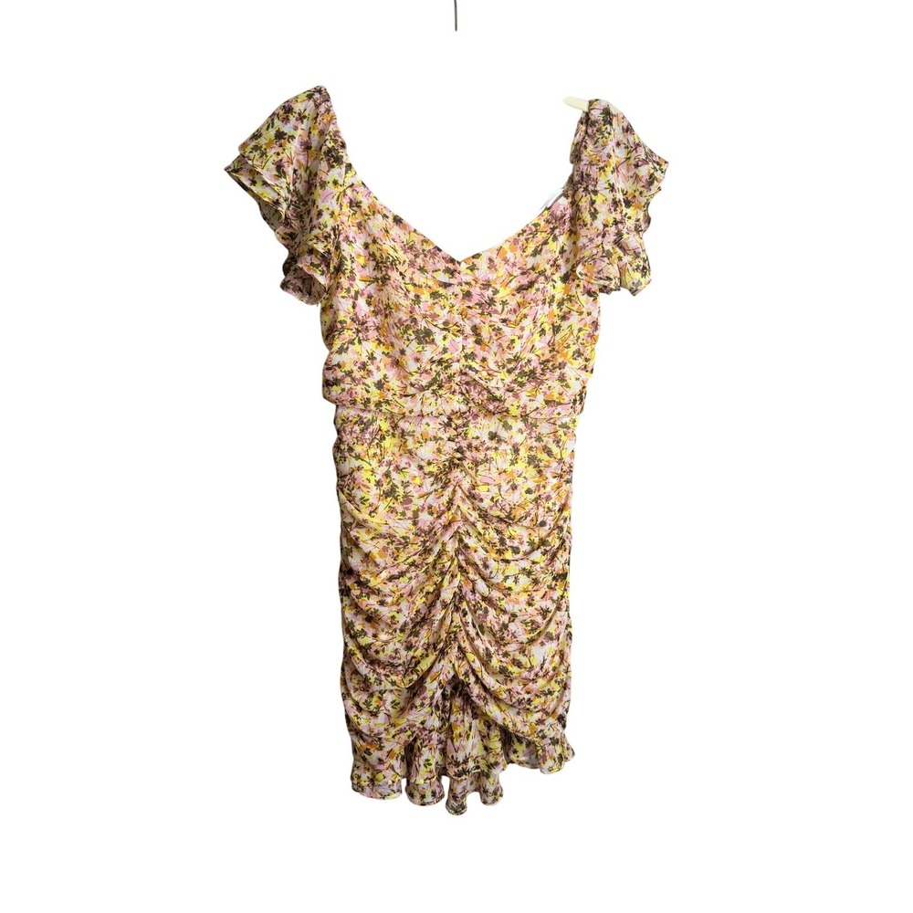 ASTR The Label Floral Ruched Mini Dress Yellow Pink Ruffle Sleeve Size M - Picture 2 of 7